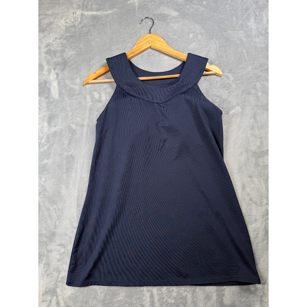 Athleta Tunic Top Womens Navy Blue Stretch Embroidered Built In Bra Scoop Neck